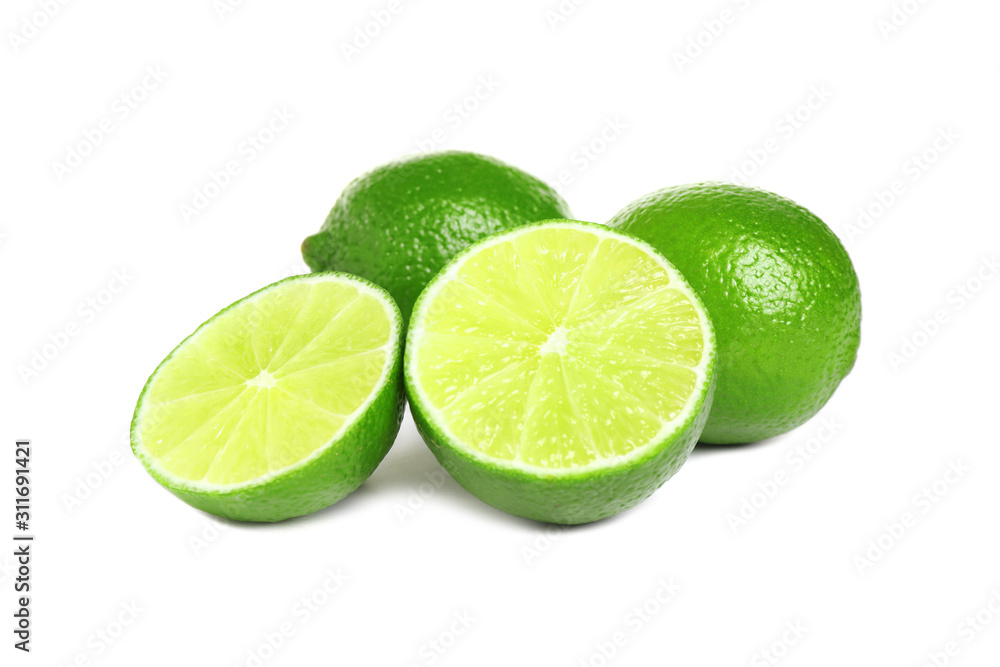 Fresh ripe green limes isolated on white Fresh ripe green limes isolated on white