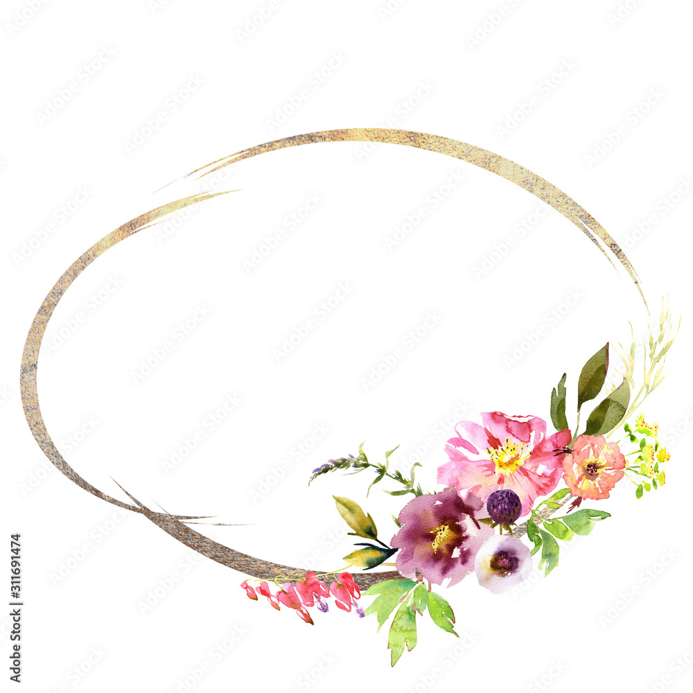Fototapeta premium Wedding frame wreath bridal romanric rustic warm bouquet. Hand drawing watercolor pink and purple and orange flowers ornament