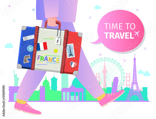 Concept of travel or studying French. Time to travel message.