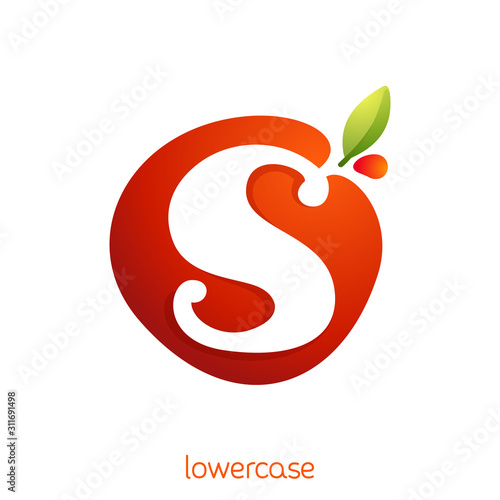 Lowercase letter s logo in fresh juice splash with green leaf.