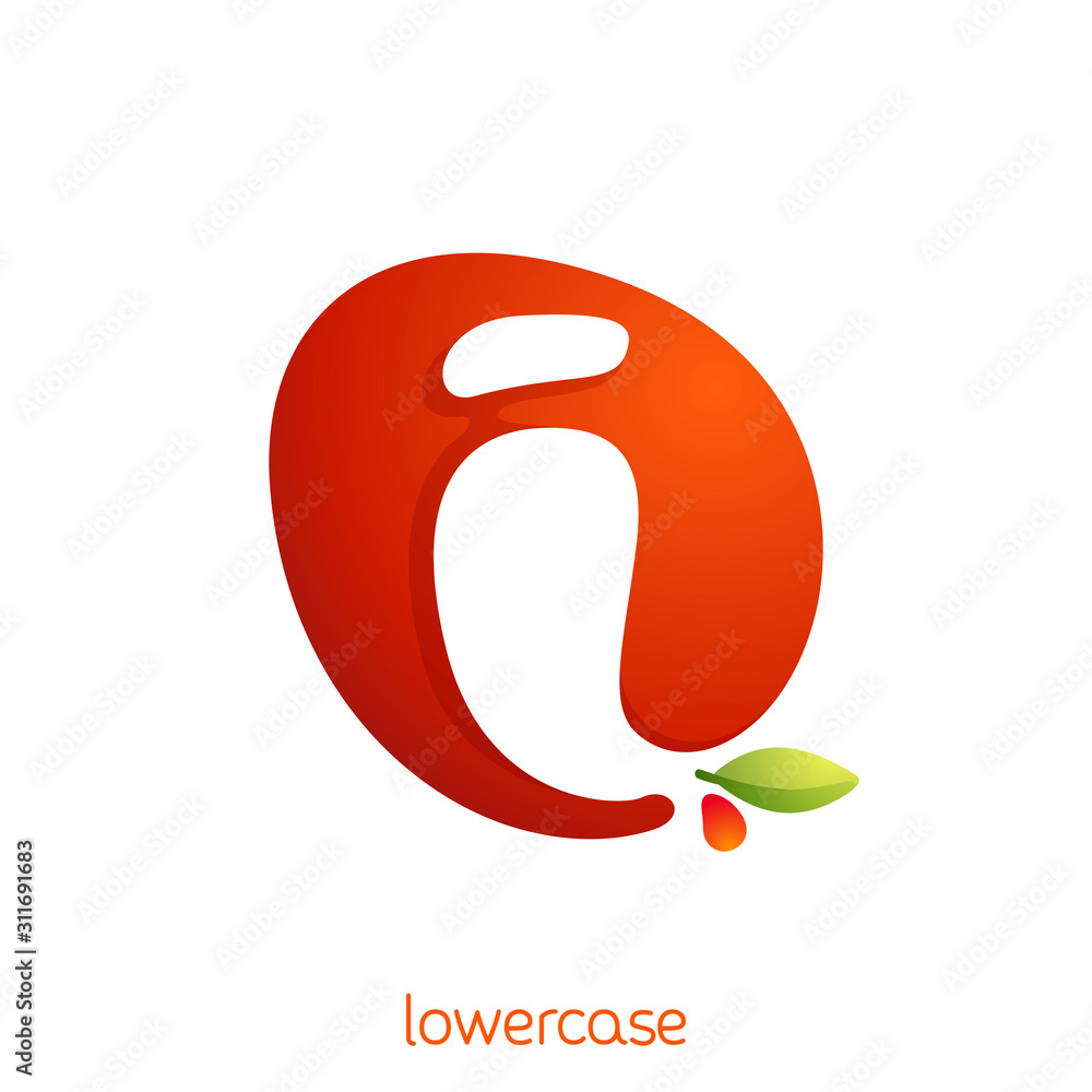 Lowercase letter i logo in fresh juice splash with green leaf. Lowercase letter i logo in fresh juice splash with green leaf.