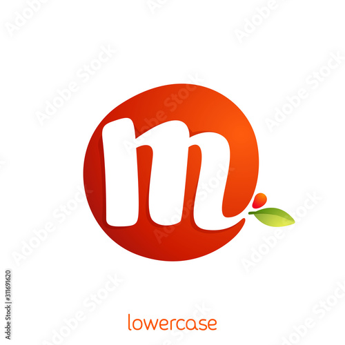 Lowercase letter m logo in fresh juice splash with green leaf.