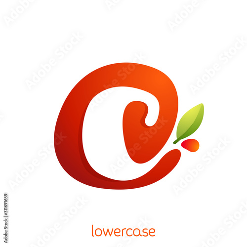Lowercase letter c logo in fresh juice splash with green leaf.