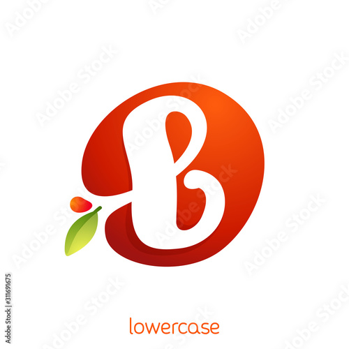 Lowercase letter b logo in fresh juice splash with green leaf.
