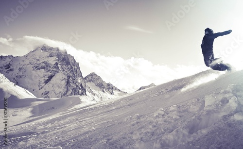 Mountains of the Caucasus, Dombay. Snowboard. © Maksim