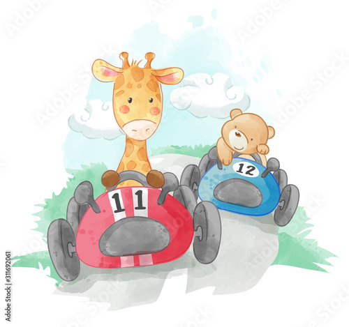 cute animal racing cars illustration