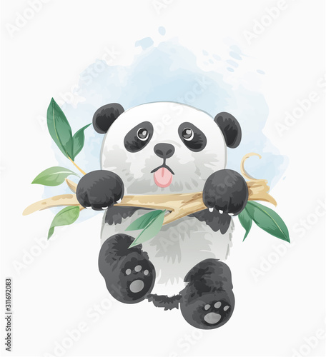 cute panda hanging on tree branch illustration