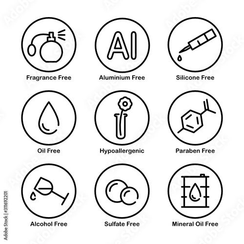 Fragrance, Aluminium, Silicone, Oil, Mineral Oil, Paraben, Alcohol, Sulfate Free. Hypoallergenic. Vector Icon Set.