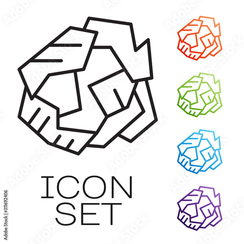 Black line Crumpled paper ball icon isolated on white background. Set icons colorful. Vector Illustration