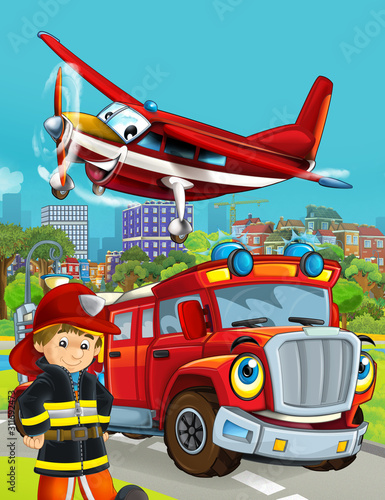 cartoon scene with fireman vehicle on the road driving through the city and plane flying over and fireman standing near - illustration for children