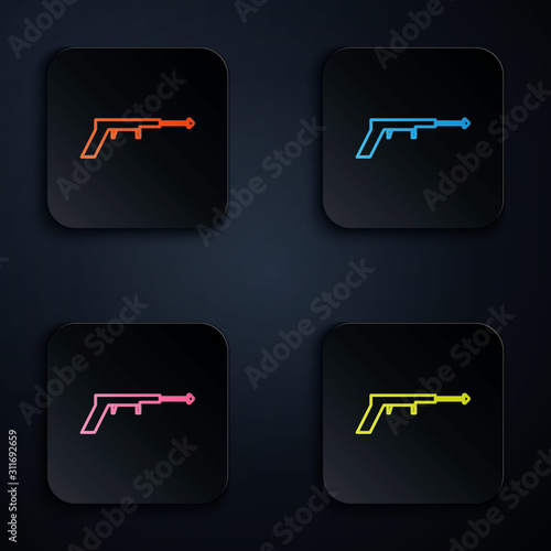 Color neon line Fishing harpoon icon on black background. Fishery manufacturers for catching fish under water. Diving underwater equipment. Set icons in colorful square buttons. Vector Illustration