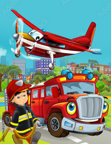 cartoon scene with fireman vehicle on the road driving through the city and plane flying over and fireman standing near - illustration for children