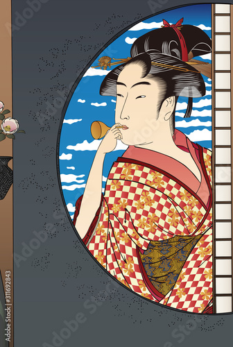 ビードロを吹く娘＆真崎邊より水神の森内川関屋の里を見る圖