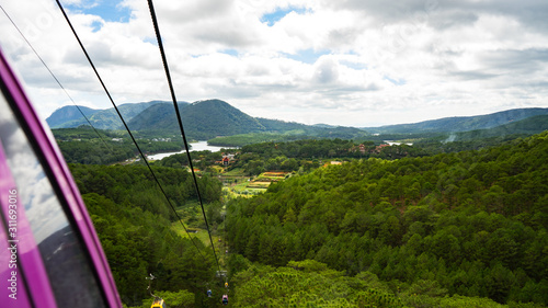 View from the Cable Car at Robin Hill, Truc Lam (Dalat, Vietnam)Aerial view for mountains, forest and lake.Amazing nature background.