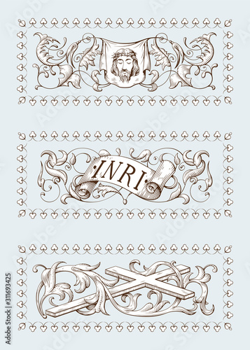 A set of Religious symbols of christianity, including cross, face of Jesus Christ and a sign with INRI text. Biblical illustrations in old engraving style