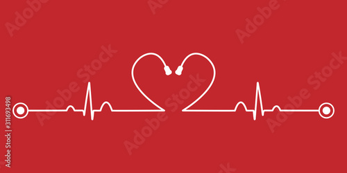 Normal electrocardiogram (ECK ,EKG) pattern with stethoscope heart shape on red background.Pulse rate line.Cardiac beat.Vital sign.Medical health care concept.Vector.Illustration.