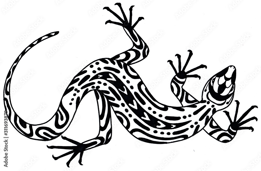 Lizard. Spirit Animal. Black and white illustration. Silhouette with  patterns. Stock Illustration | Adobe Stock