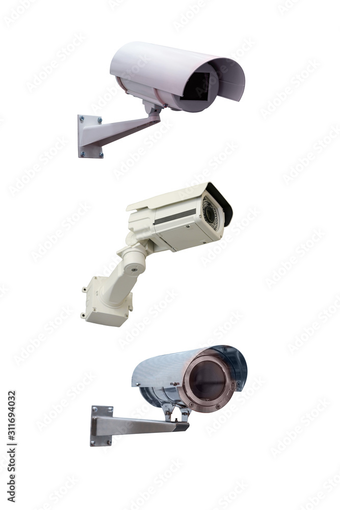 Three modern video cameras to track the situation at the object on a white background. Vertically Three modern video cameras to track the situation at the object on a white background. Vertically