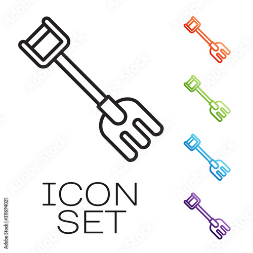 Black line Garden rake icon isolated on white background. Tool for horticulture, agriculture, farming. Ground cultivator. Housekeeping equipment. Set icons colorful. Vector Illustration