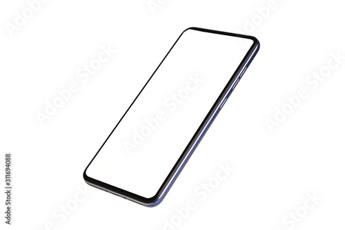 tilted view of smartphone with empty screen isolated on white background with clipping path, smartphone mockup