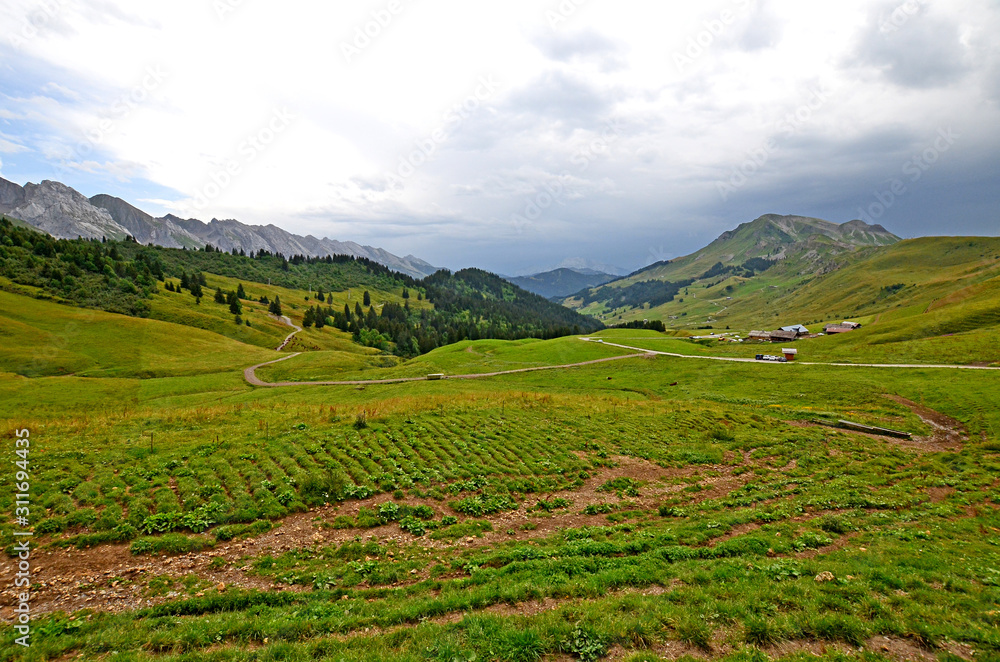 Fototapeta premium Beautiful mountain landscape in French Alps. Hike on passes Annes and Oulettaz