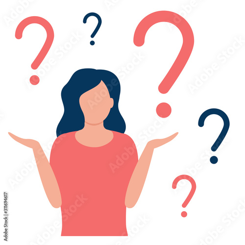 Abstract thoughtful and doubting woman with question mark. Girl solves problem, chooses solution. The concept of doubt, ignorance, confusion, deadlock. I do not know. Vector flat design illustration.