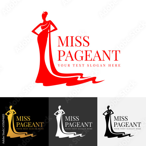 miss pageant logo with Beautiful lady evening gown and crown vector design