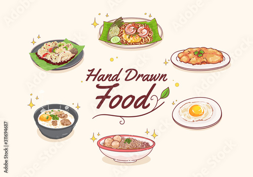 Hand draw thai food set