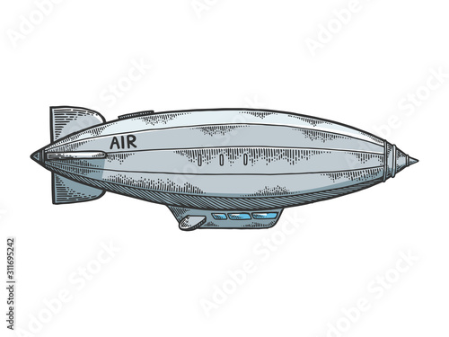 Old vintage airship dirigible sketch engraving vector illustration. T-shirt apparel print design. Scratch board imitation. Black and white hand drawn image.