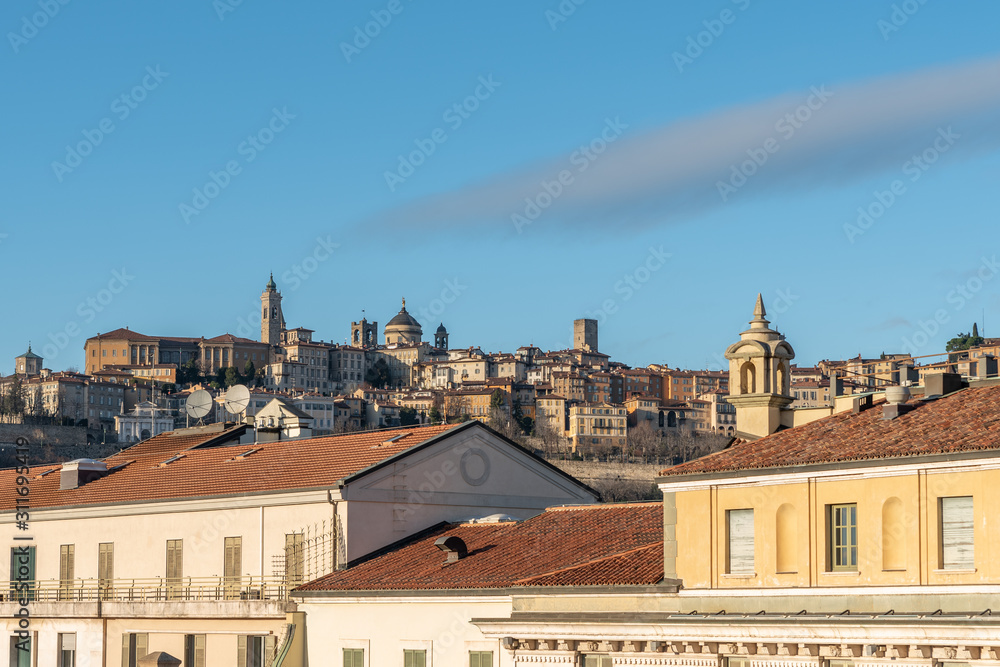 View of Bergamo Alta and the roofs of the lower city