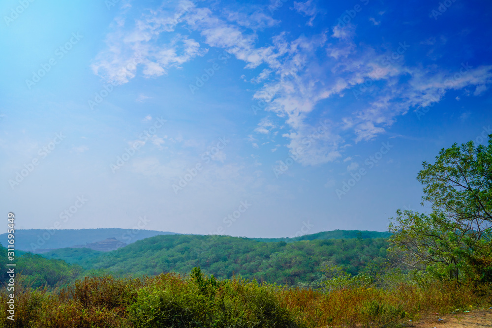 Panoramic view Blue sky, sun light with hills Panoramic view Blue sky, sun light with hills