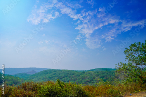 Panoramic view Blue sky, sun light with hills 