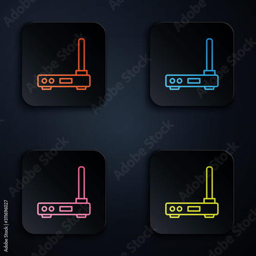 Color neon line Router and wi-fi signal symbol icon on black background. Wireless ethernet modem router. Computer technology internet. Set icons in colorful square buttons. Vector Illustration
