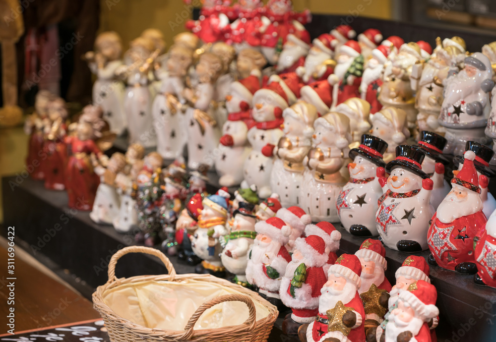 close up view of a Christmas market stall in Strasbourg selling decorative Crhistmas articles