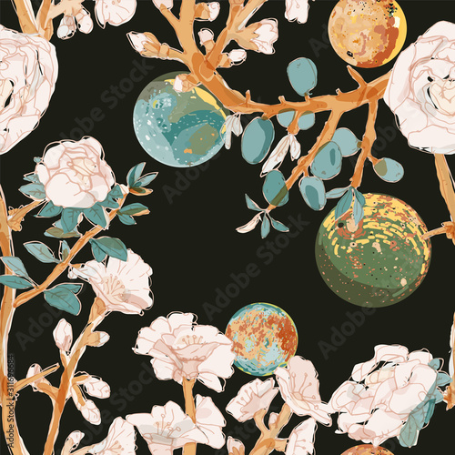 Four space planets and branches pink flowers on a endless black background. Night moon's and roses seamless vector illustration. photo