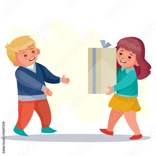 little girl gives a gift to a little boy, birthday, surprise, joy, vector illustration
