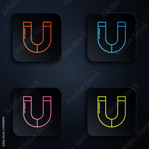 Color neon line Magnet icon isolated on black background. Horseshoe magnet, magnetism, magnetize, attraction. Set icons in colorful square buttons. Vector Illustration
