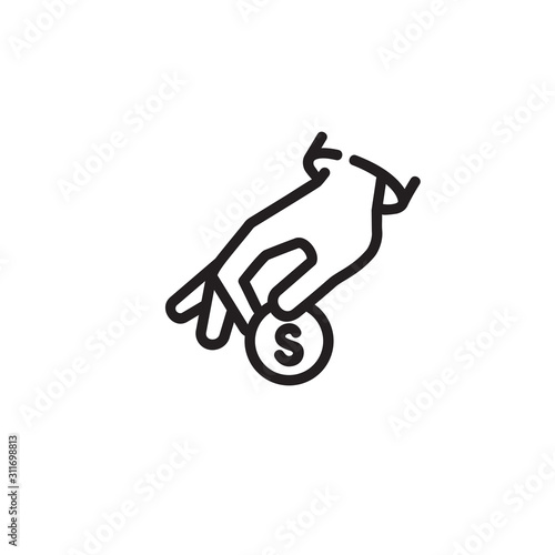 Hand holding coin thin line icon. Donate isolated outline sign. Donation concept. Vector illustration symbol element for web design and apps.