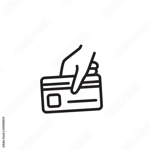 Hand holding credit card thin line icon. Card payment isolated outline sign. Online payment concept. Vector illustration symbol element for web design and apps.