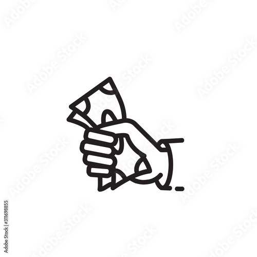 Hand holding money thin line icon. Fee, payment, cash isolated outline sign. Finance, budget, wage concept. Vector illustration symbol element for web design