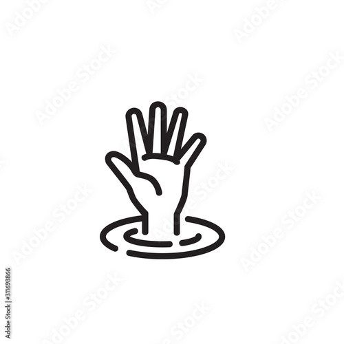 Hand sinking in water thin line icon. Drowning victim isolated outline sign. Creative help button concept. Vector illustration symbol element for web design and apps.