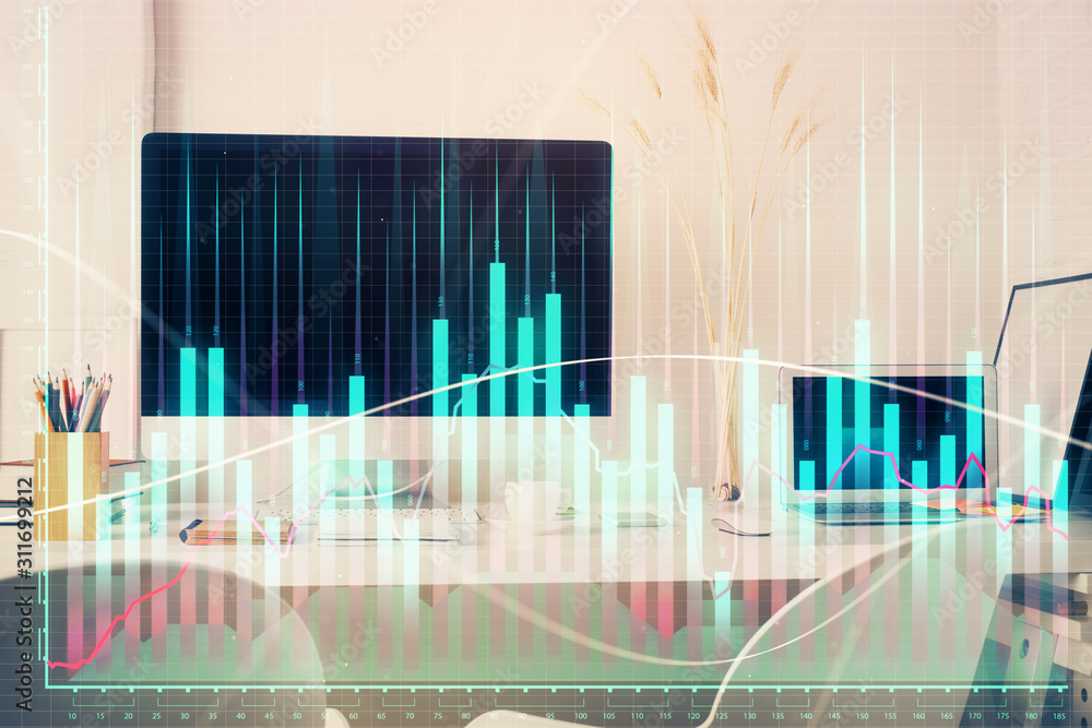 Stock market chart hologram drawn on personal computer background. Multi exposure. Concept of investment. Stock market chart hologram drawn on personal computer background. Multi exposure. Concept of investment.