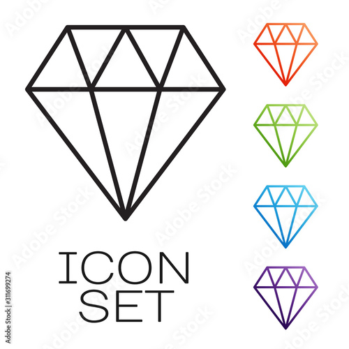 Black line Diamond icon isolated on white background. Jewelry symbol. Gem stone. Set icons colorful. Vector Illustration
