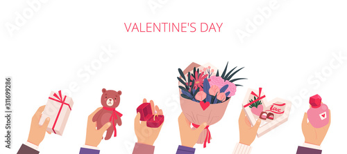 Hands holding gifts for the holiday. Valentine's Day Banner