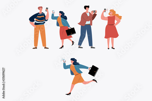 Casual people with smartphones set. Selfie, social media, communication flat vector illustration. Technology and internet addiction concept for banner, website design or landing web page