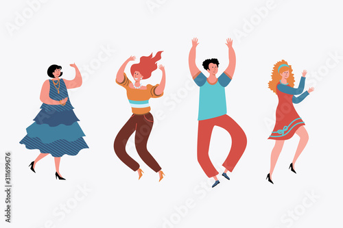 Happy people dancing set. Fun, young, freedom flat vector illustration. Leisure activity and free time concept for banner, website design or landing web page