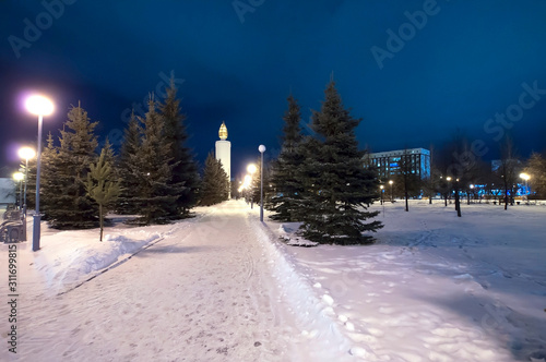 Tyumen, Russia, December 24, 2019: Memory area late winter evening