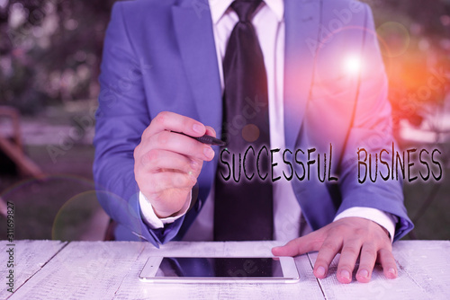 Text sign showing Successful Business. Business photo text Achievement of goals within a specified period of time Businessman holds pen and points into copy space