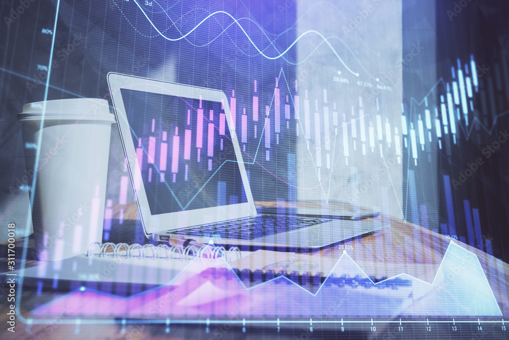 Stock market graph on background with desk and personal computer. Multi exposure. Concept of financial analysis. Stock market graph on background with desk and personal computer. Multi exposure. Concept of financial analysis.