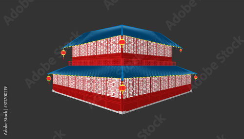 3d beautiful china house blue tone roof minimal style.happy chinese new year. holiday category. vector illustrator eps10